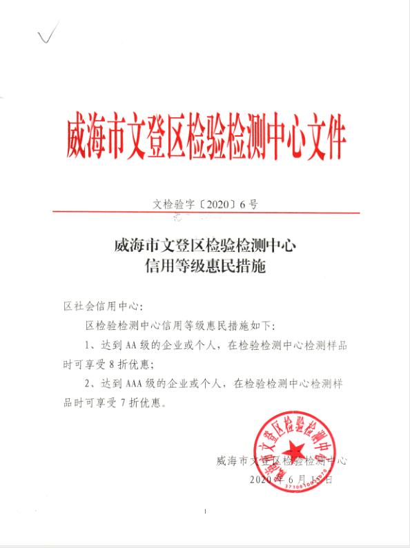 E:\宣传\2020.03.16以后上传\信易+\威海市文登区检验检测中心信用等级惠民措施.png